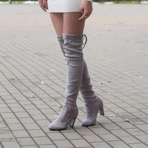 Thigh High Grey Suede Heels